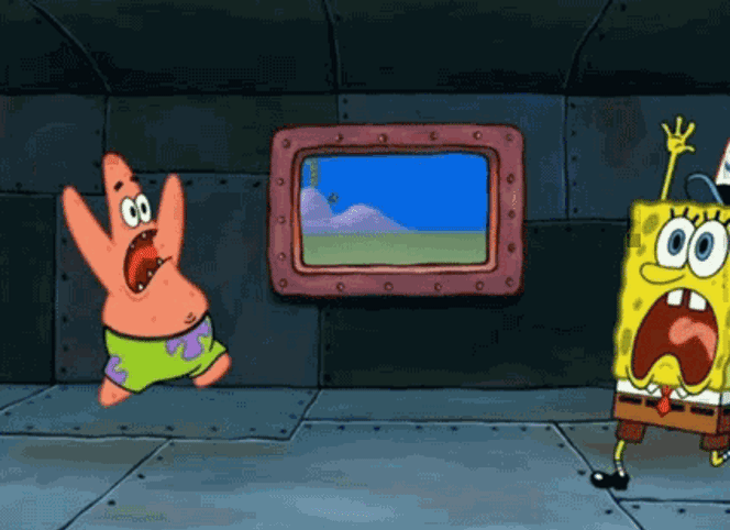 Patrick Star and SpongeBob run in different directions in a panic.