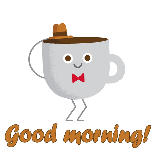 Mannered cup of coffee takes off his hat and wishes you good morning.