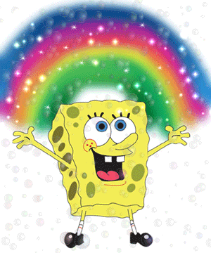 Spongebob with a constant brilliant rainbow above his head.