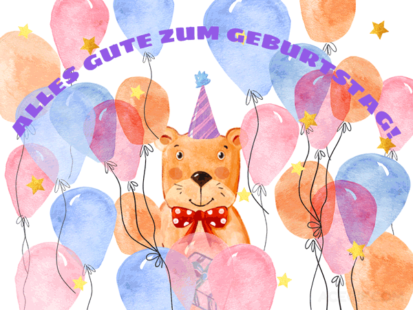 Kreslený gif s veverkou s narozeninovou čepičkou a barevnými pohyblivými balónky.