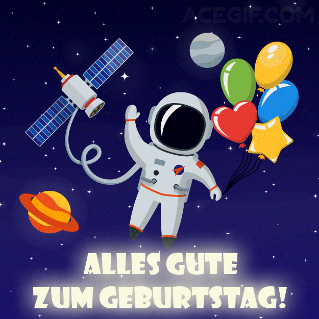 Pohyblivý gif s kresleným kosmonautem ve vesmíru, který drží barevné nafukovací balónky.